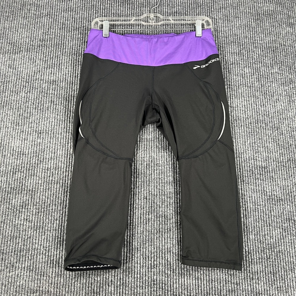 Brooks‎ Womens Leggings Large Black Purple Capri Drawstring Running Gym Lift